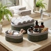 İ22-330 ( Gri ) ( 3 Boy ) ( Oval ) ( Bambu Kenar ) Organizer Sepet ( Ahşap Altlık & Bezli ) ( 12x21-16x25-20x30cm )
