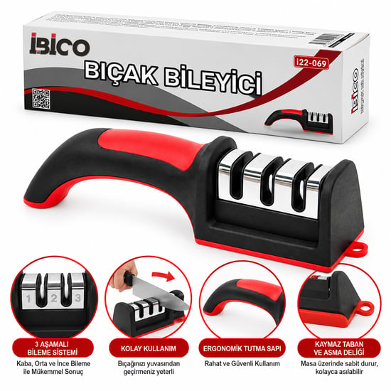 İ22-069 Bıçak Bileyici Bileme ( 3 Boğumlu=krom Kaplama ) ( Renkli Plastik Gövde & Sap ) ( Kutulu Ambalaj )