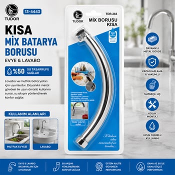 Tudor Tdr-283 ( Kuğu ) ( Evye & Lavabo ) Kısa Mix Batarya Borusu ( Krom Kaplama & Vakumlu & Süzgeçli Uç)