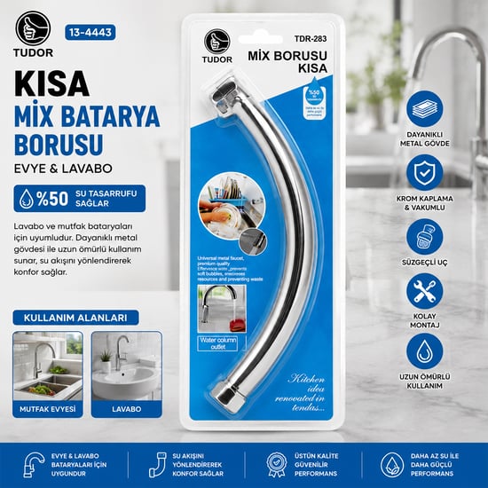 Tudor Tdr-283 ( Kuğu ) ( Evye & Lavabo ) Kısa Mix Batarya Borusu ( Krom Kaplama & Vakumlu & Süzgeçli Uç)