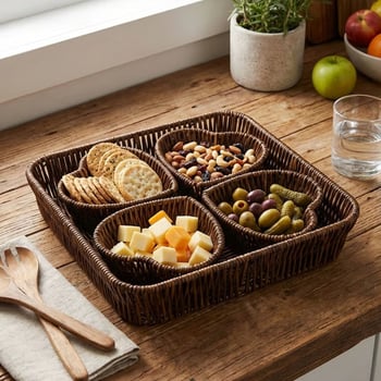 BUFFER® 5 Parça,4 Kalp Formlu Plastik Rattan Sunum ve Kahvaltı Seti-Bölmeli Çerezlik ve Meyvelik-Doğ