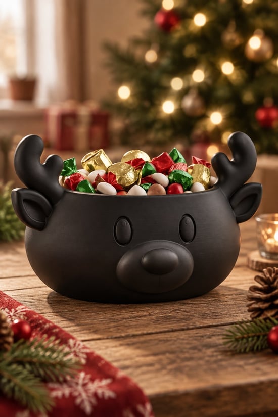 Sonbahar ve Noel Temalı Ren Geyiği Figürlü Bowl - Sunum Kabı Siyah