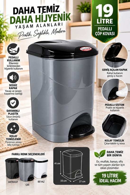 19 Litre Pedallı Çöp Kovası Kapaklı Hijyenik Plastik Mutfak Banyo Ofis Çöp Kutusu 30x32x33 Cm