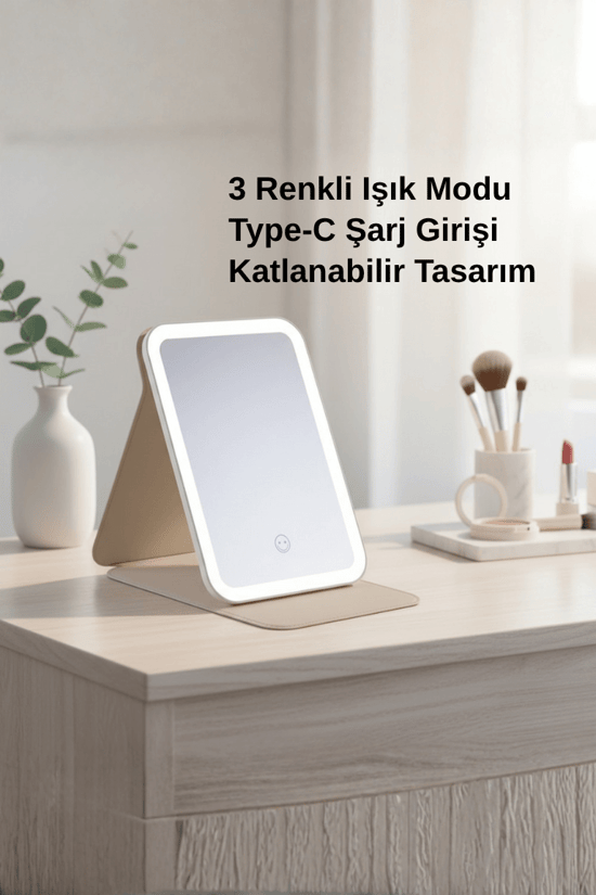 Pure Es Katlanabilir LED Işıklı Makyaj Aynası – 60° Ayarlanabilir, 3 Renkli Krem
