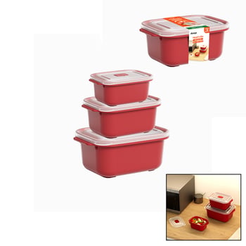 Dünya 31246-854 ( 3 Pcs ) Kırmızı Dikdörtgen Saklama Kabı Seti ( 500-1000-2000ml )