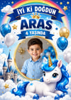 Unicorn Fotoğraflı Mavi 70x100 Cm Parti Afişi Branda T5