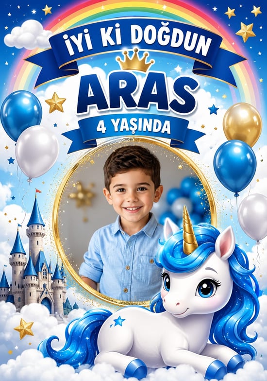 Unicorn Fotoğraflı Mavi 70x100 Cm Parti Afişi Branda T5
