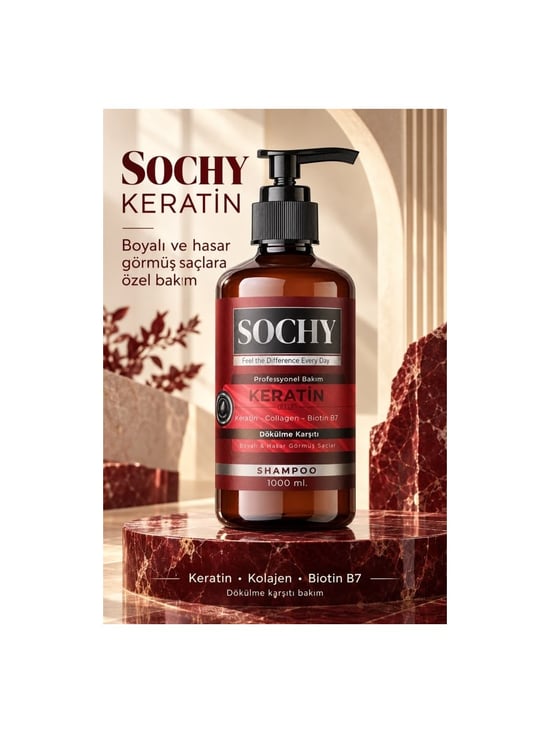 Sochy Keratin Özlü Saç Şampuanı 1000 Ml Tuzsuz Keratin Kolajen Biotin B7 Boyalı & Hasar Görmüş Saçlar