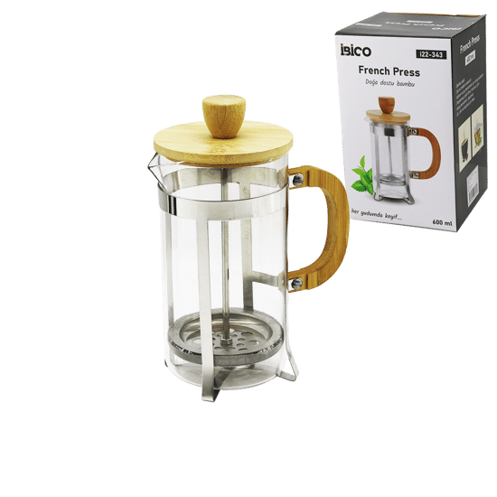 İ22-343 French Press ( Metal Kafes & Bambu Sap Bambu Kapak ) ( 600ml ) ( Cam ) Bitki Süzgeçi