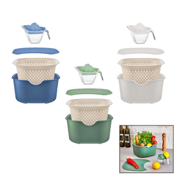 Moi Plastik Oce-1005 ( Mix ) ( 5pcs ) Mutfak Seti Plastik ( Karıştırma Kap=4lt & Süzgeç=3.5lt & Kesim Pano & Sıkacak=0.25lt )