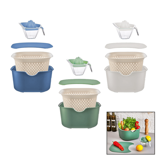 Moi Plastik Oce-1005 ( Mix ) ( 5pcs ) Mutfak Seti Plastik ( Karıştırma Kap=4lt & Süzgeç=3.5lt & Kesim Pano & Sıkacak=0.25lt )