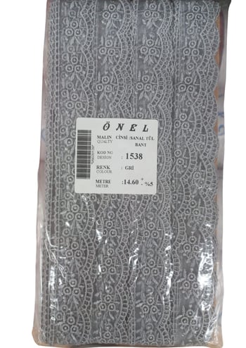 Dantel Polyester Sanal Tül Bant Gri 14,60 Metre En 3 Cm On-1538-g