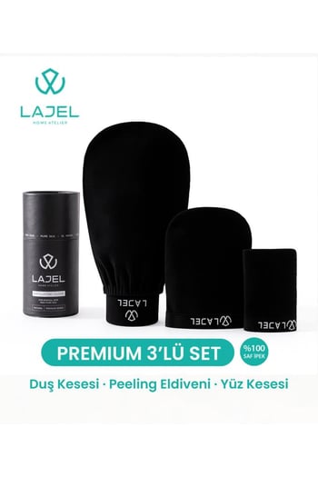 Lajel Premium Siyah 3'lü Kese Seti, Peeling Eldiveni, Yüz Kesesi Floş Ipek Normal,orta,hassas Ciltle