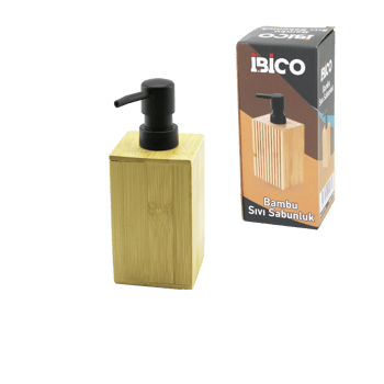 İ21-069 ( Kare ) Ahşap Bambu Sıvı Sabunluk ( Siyah Plastik Pompa ) ( Çap: 7cm & Y: 11.5cm )