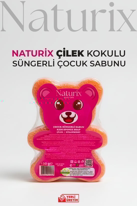 Naturix Ayıcık Şekilli Süngerli Çilekli Çocuk Sabunu Hassas Ciltler İçin Yumuşak Bakım 150 gr