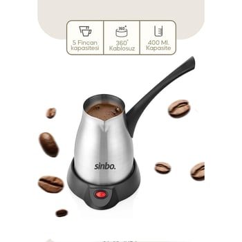 Sinbo Scm-2967 (çelik) Elektrikli Cezve (türk Kahve Makinesi & 5fincan=400ml) (360° Kablosuz Kullanım) (katlanır Kulp) (700w)