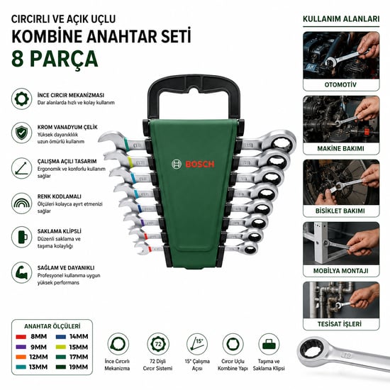 Bosch-1 600 A02 7ps ( 530 ) ( 8pcs ) ( Kombine ) ( 8-19mm ) Anahtar Takımı Set ( Plastik Stand & Taşıma Aparatlı )