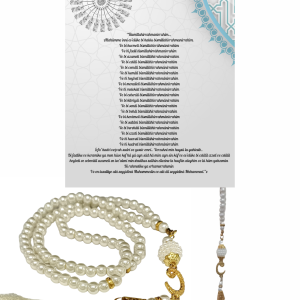 P Parla Namaz Tesbihi Vavlı 99'lu Cam İncili 35 Besmele-i Şerif Dua Kartı ile Krem Renk Hediyelik