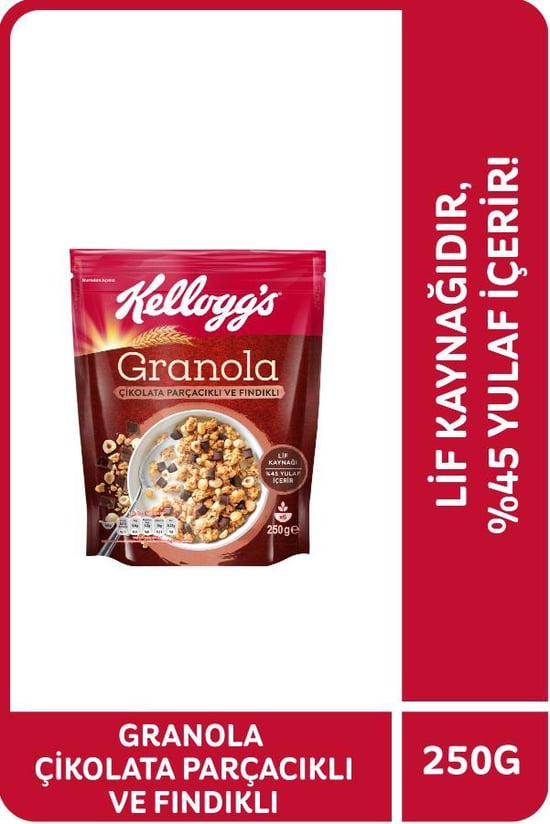 Kellogg's Çikolata Parçacıklı ve Fındıklı Granola 250 Gr,%44 Yulaf,lif Kaynağı,kahvaltılık Gevrek