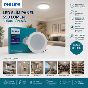 Philips ( 7w ) ( Sıva Altı ) ( Yuvarlak ) Led Slim Panel ( 550lumen ) ( 20.000 Saat Ömür )
