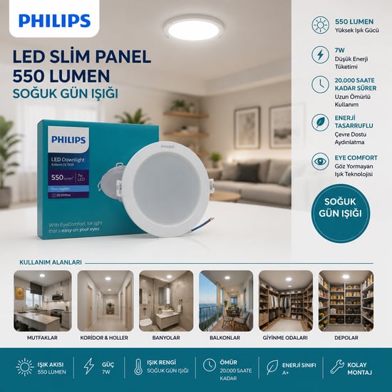 Philips ( 7w ) ( Sıva Altı ) ( Yuvarlak ) Led Slim Panel ( 550lumen ) ( 20.000 Saat Ömür )