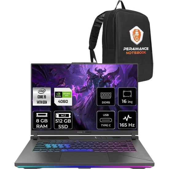 Asus Rog Strix G16 İ9 14900hx Rtx 4060 Gaming Laptop 8gb Ram 512gb Ssd 16" Fhd+ 165hz Win11 Pro + Pe