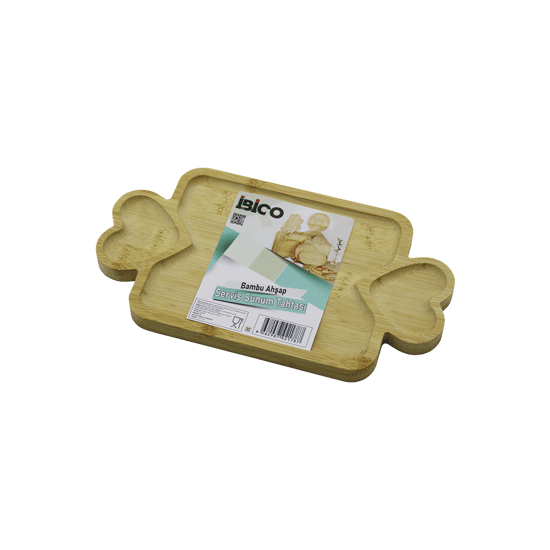 İ22-178 ( Dikdörtgen ) ( 3 Bölmeli=2in1 Kalp Kulp & Bölme + 1 ) Ahşap Bambu Servis Sunum Tepsi & Tahtası ( 25 X 14 X 1.4cm )