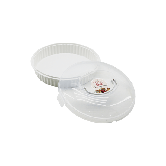 Qlux L-00653-3 ( Yuvarlak ) Pasta & Börek Kabı Fanus (şeffaf Plastik Kilitli Kapak) (taşıma Kulplu) ( Beyaz Renk )