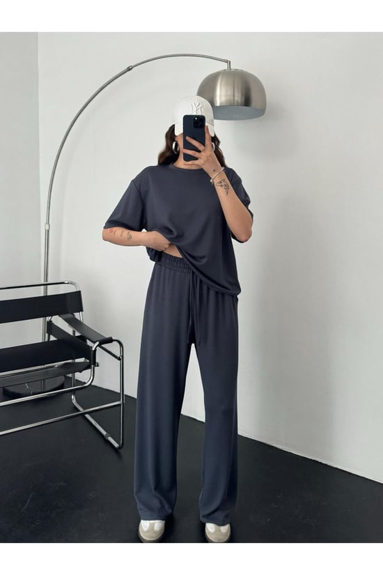 Thiff Antrasit Kadın Modal Kumaş Kısa Kolu Eşofman Takımı