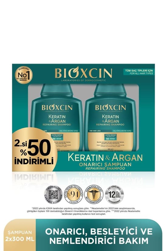 Bioxcin Keratin & Argan Onarıcı Şampuan 300 Ml - Yıpranmış ve Hasar Görmüş Saçlar 2 Li Avantaj Seti