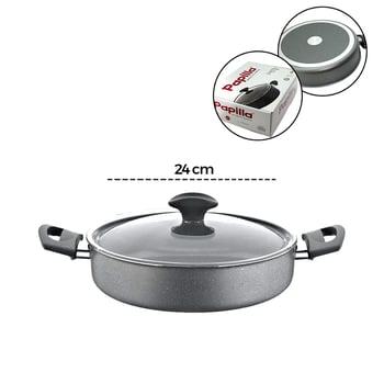 Papilla Fred ( Flat Casserole ) ( 24 Cm ) ( Basık & Karnıyarık & Kısa ) ( Granit Tencere ) ( Cam Kapak ) ( Gri Kırçıllı ) ( Brkt-712265 )