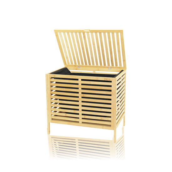 İ21-085 Laundry Basket ( Kalın Ahşap Bambu ) Kirli Çamaşır Sepeti ( Kumaş Çantalı ) ( Sepet=50x38x55cm )