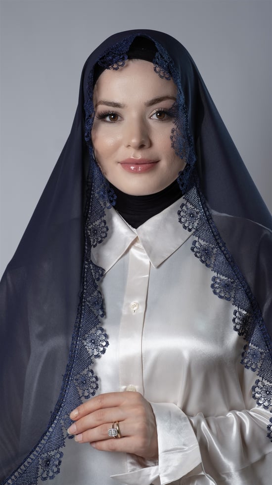 Hürrem Bone Lacivert Namaz Başörtüsü Şal Şifon Güpürlü 202106_02