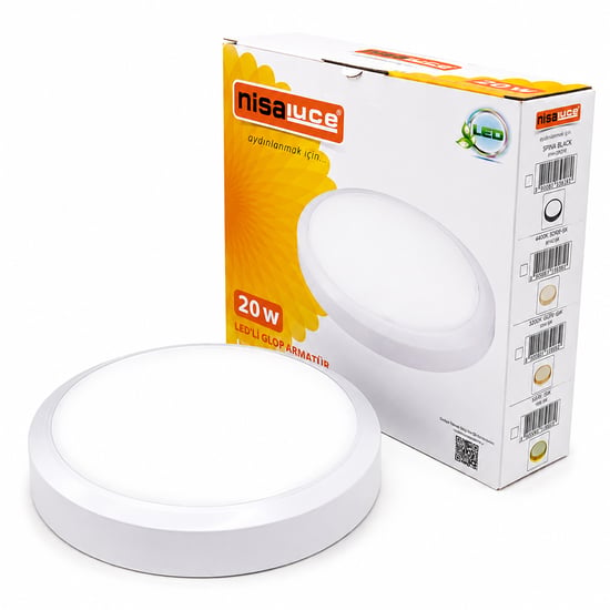 Nisaluce E1212/b (20w) (beyaz Metal Kasa) (sıva Üstü) (yuvarlak) Ledli Glop Armatür (ıp20) (6500k & 1800lm)