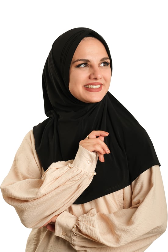Hürrem Bone Siyah Pratik Hazır Geçmeli Tesettür Eşarp Sandy Kumaş Sade 1600_01