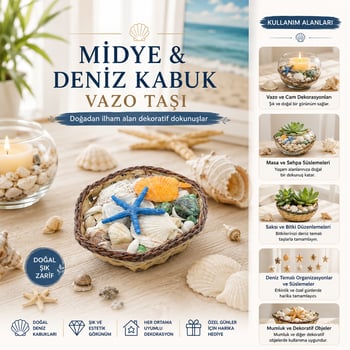 İ12-248 ( Küçük & Kare & Ahşap Sepetli ) ( Renkli Mix ) Midye & Deniz Kabuk Vazo Taşı