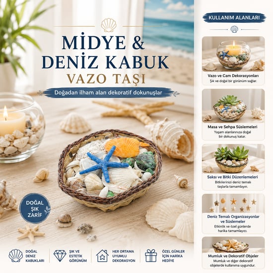 İ12-248 ( Küçük & Kare & Ahşap Sepetli ) ( Renkli Mix ) Midye & Deniz Kabuk Vazo Taşı