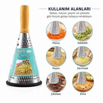 İ22-050 ( 8" ) ( Huni Model & 3-bölüm ) ( Ahşap & Bambu Saplı ) ( Çelik Metal ) Rende ( Silikon Kaplama Taban )