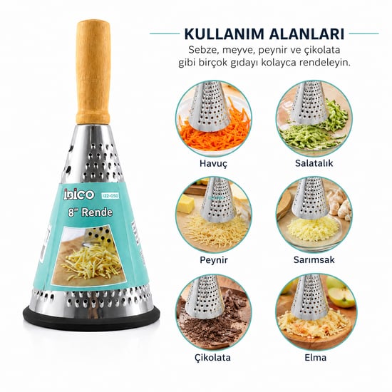 İ22-050 ( 8" ) ( Huni Model & 3-bölüm ) ( Ahşap & Bambu Saplı ) ( Çelik Metal ) Rende ( Silikon Kaplama Taban )