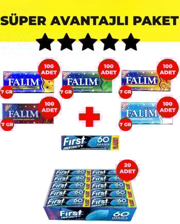 Falım Karışık-Çilek-Damla-Işıl-Nane Aromalı Sakız (5'li 7gr x 100'er Adet) + First Infinity 11S Stick Nane Aromalı Sakız (29,7 G x 20 Adet) - Avantajlı Falım First Paketi