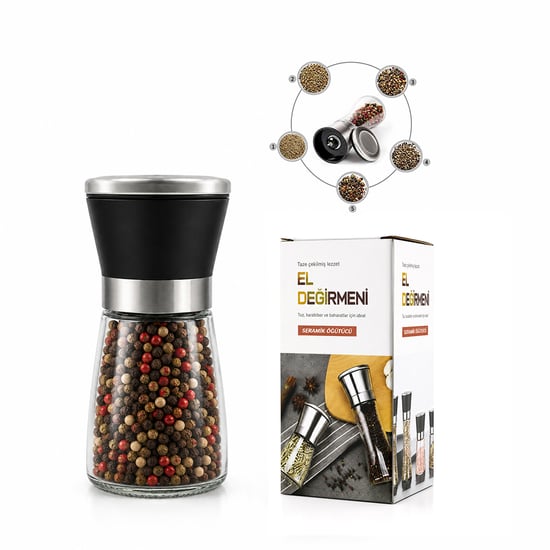 İ22-410 Hand Grinder ( Küçük ) ( Cam Hazneli & Pls.kapaklı & Krom Belli ) Tuz & Baharat Öğütücü