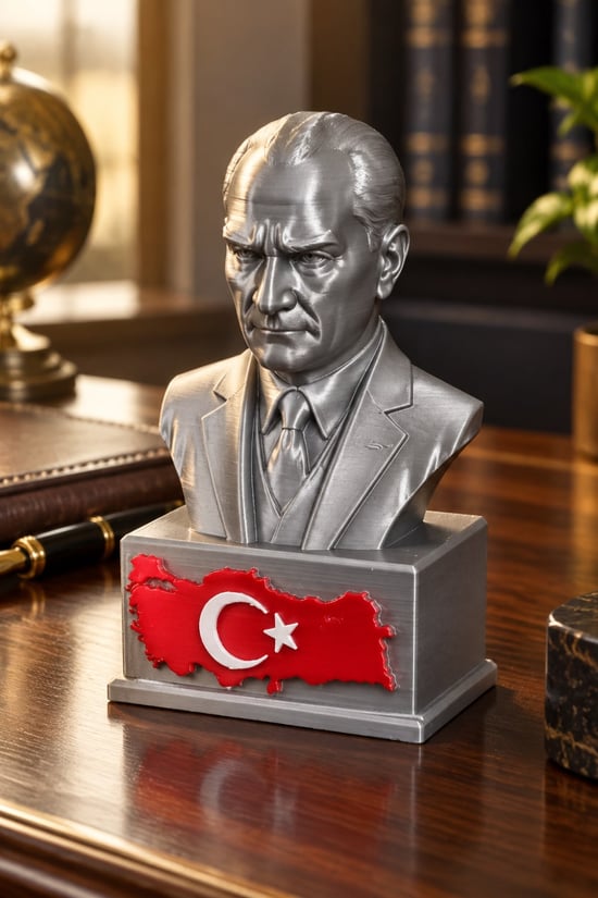 Atatürk ve Türkiye Figürlü Dekoratif Biblo - 15cm Gri