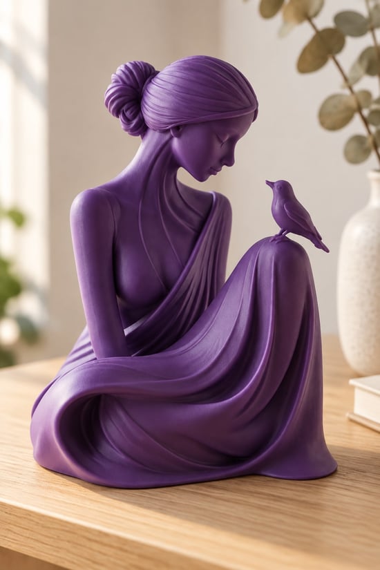Kuşa Fısıldayan Kadın Figürlü Dekoratif Biblo Mor