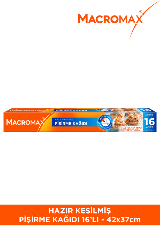 Macromax Hazır Kesilmiş Yağlı Pişirme Kağıdı 16 Adet Standart Fırın Tepsisi Boyutu (42x37 cm)
