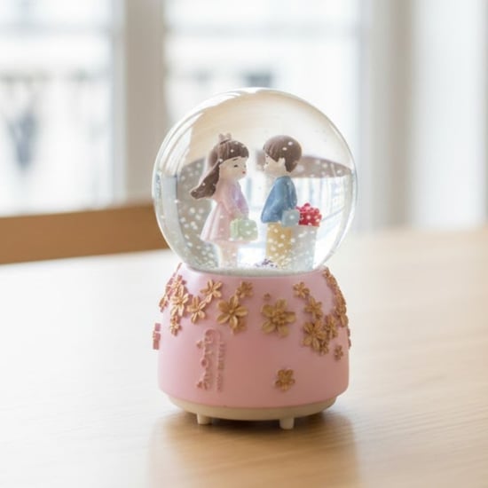 Buffer® Pilli İşıklı Müzikli Kar Küresi–sevgili Çiçek Detay Figürlü Eğlenceli Masaüstü Biblo, Led Ay