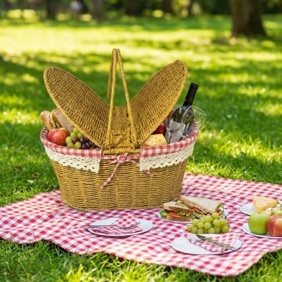 BUFFER® 2 Kapaklı Oval Plastik Rattan Piknik Sepeti – Doğal Hasır Görünümlü Çok Amaçlı Piknik, Plaj 