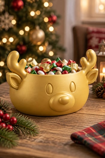 Sonbahar ve Noel Temalı Ren Geyiği Figürlü Bowl - Sunum Kabı Altın