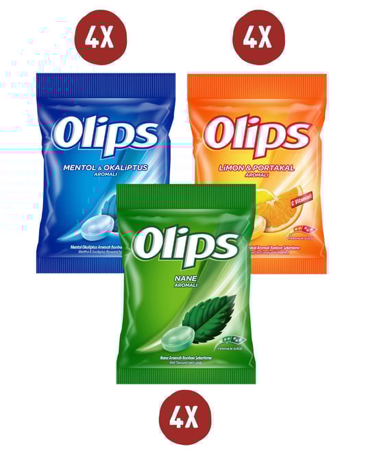 Olips Poşet 76gr 12'li Paket (4 Adet Mentol & Okaliptüs, 4 Adet Limon Portakal, 4 Adet Nane Aromalı)