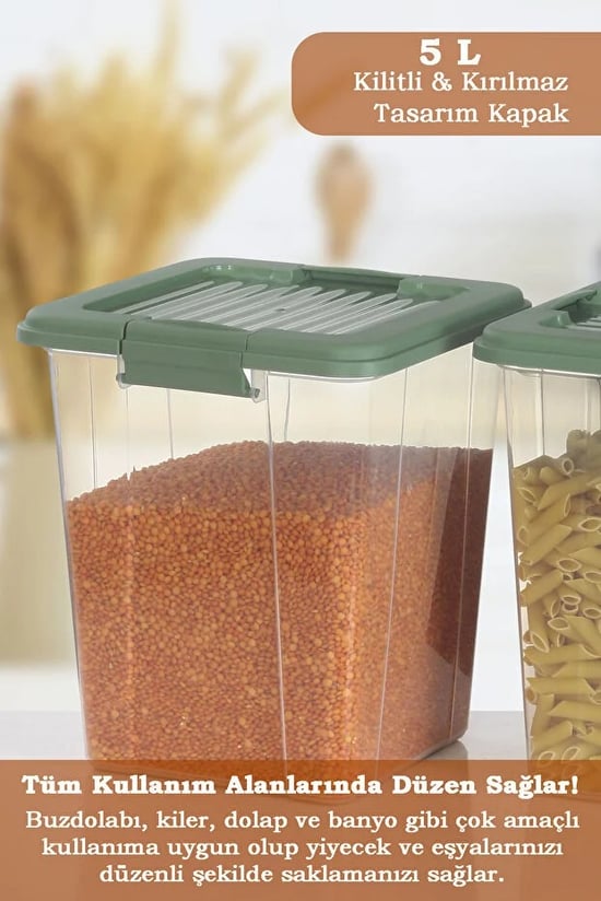 Moi 5 Litre Derin Erzak Kabı-Un Bakliyat Erzak Kabı-Kilitli Kapak