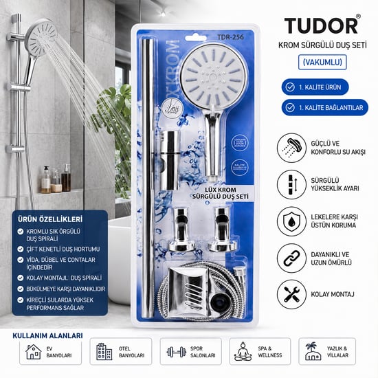Tudor Tdr-256 ( Vakumlu & Krom ) Lux Sürgülü Duş Seti
